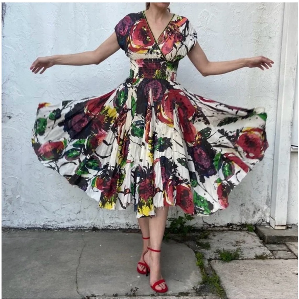 Sandy Starkman Artsy Beaded Colorful Watercolor Floral Cotton Dress 1x Vintage